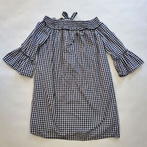 Charter Club Cotton Off-The-Shoulder Shift Intrepid Blue Checkerboard Combo Med‎